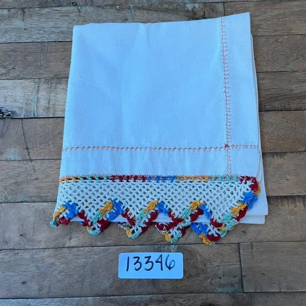 Vintage Handmade Cream Linen Table Runner Colorful Crochet Lace Edge